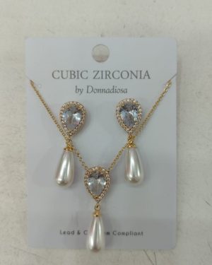 COLLAR DE GOTA CON PERLA INCLUYE ARETES CHAPA DE ORO CON ZIRCONIA PLATEADO/DORADO MOD: NE-223 $245